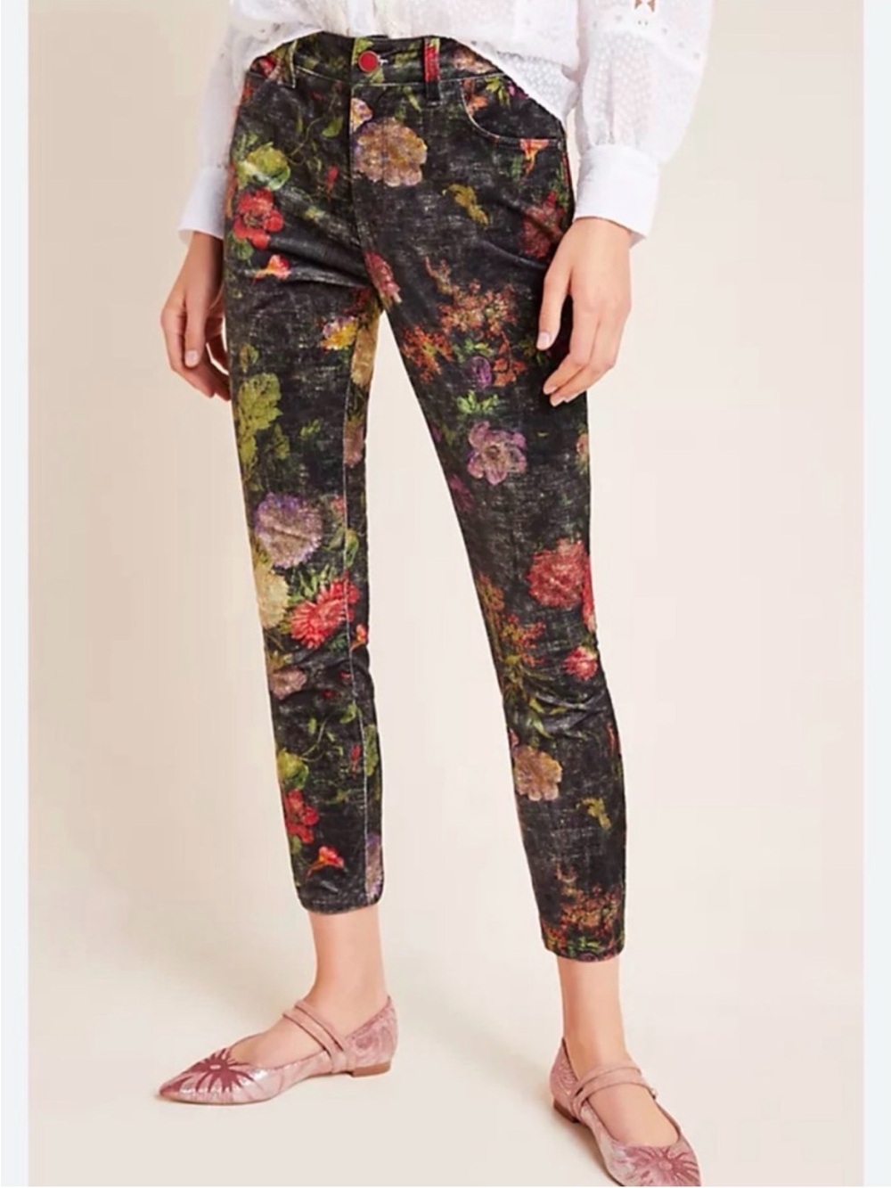 Anthropologie Floral Velvet Ankle Pants